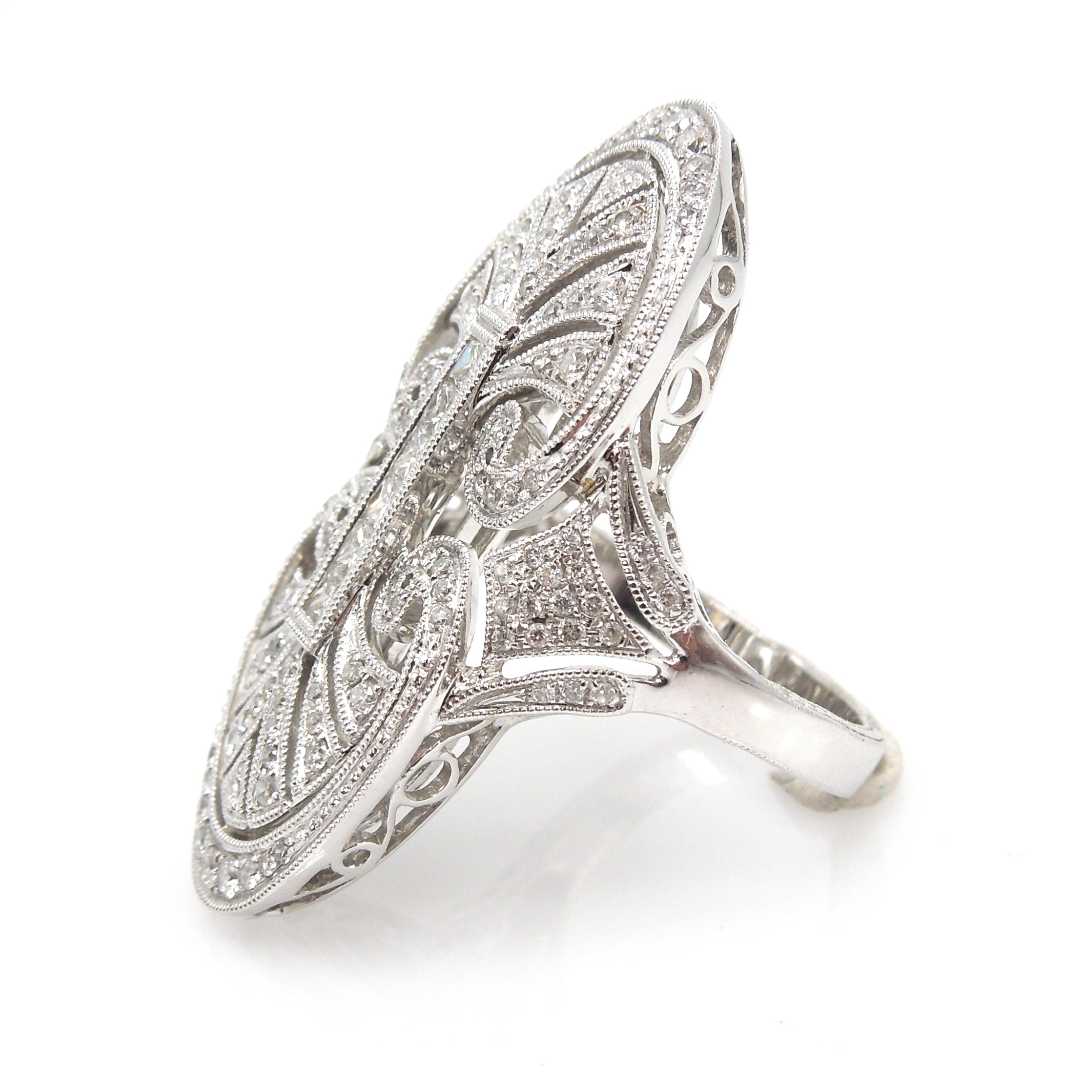 Art Deco Style 18K White Gold and Diamond Navette Ring