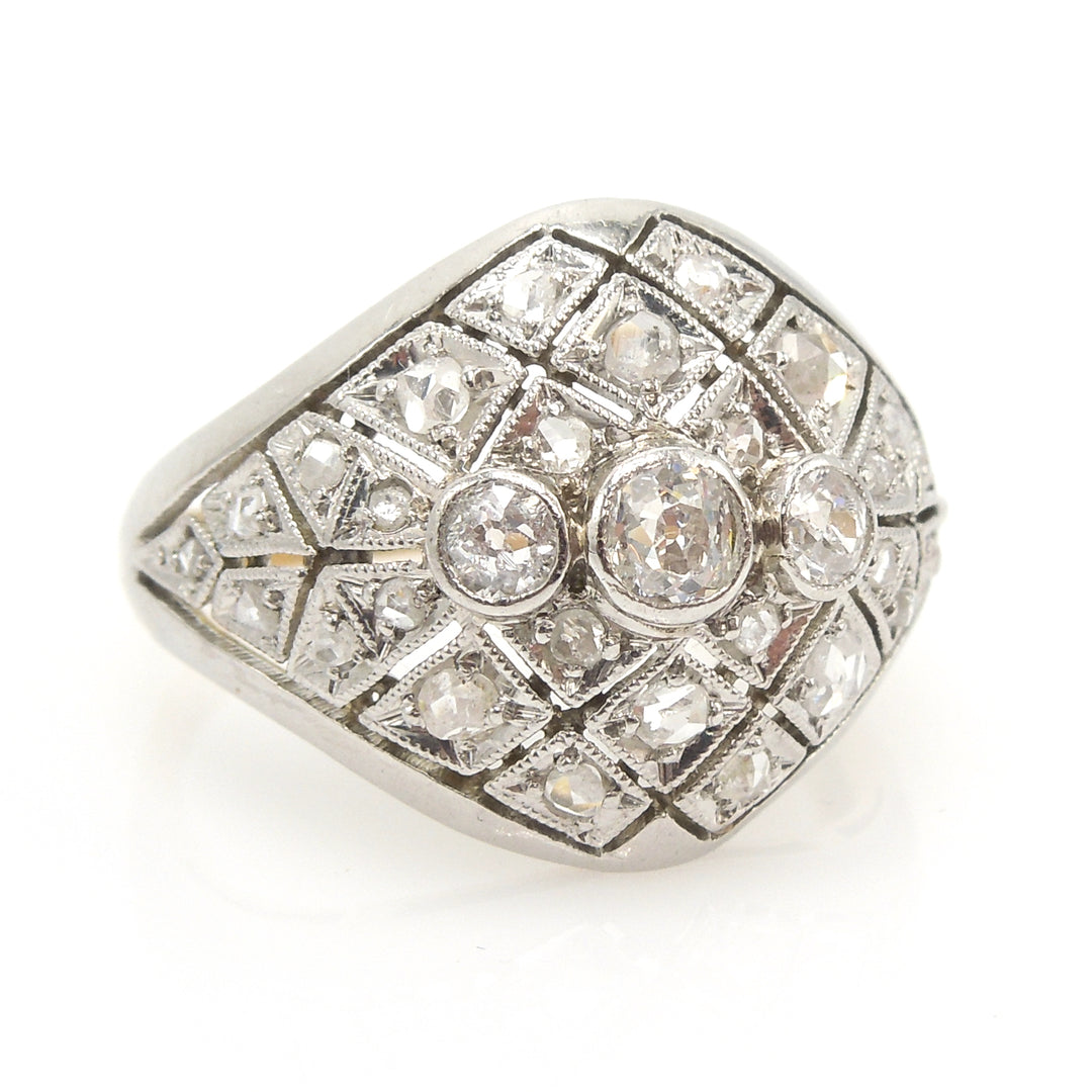 Antique Edwardian Platinum and Yellow Gold Ring with European and Rose Cut Diamonds