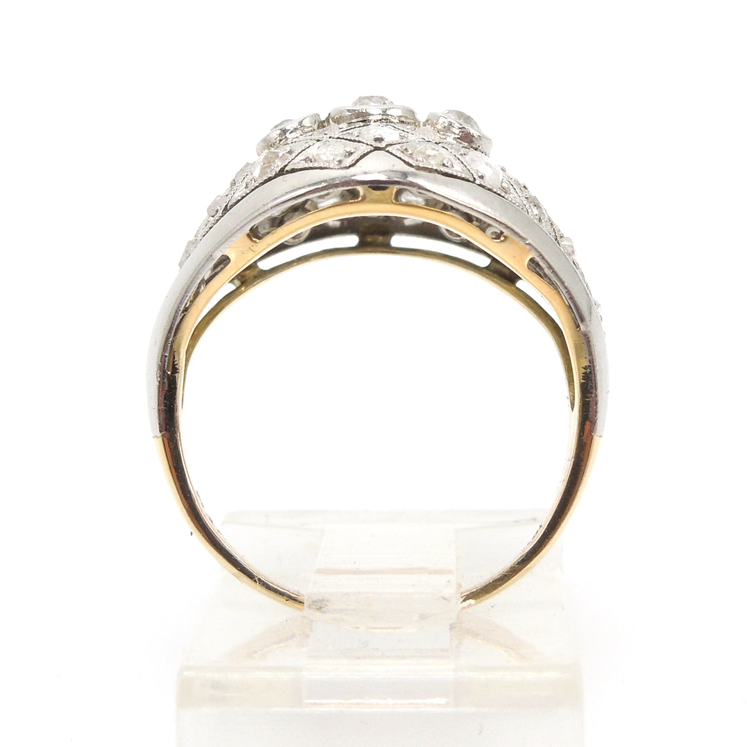 Antique Edwardian Platinum and Yellow Gold Ring with European and Rose Cut Diamonds
