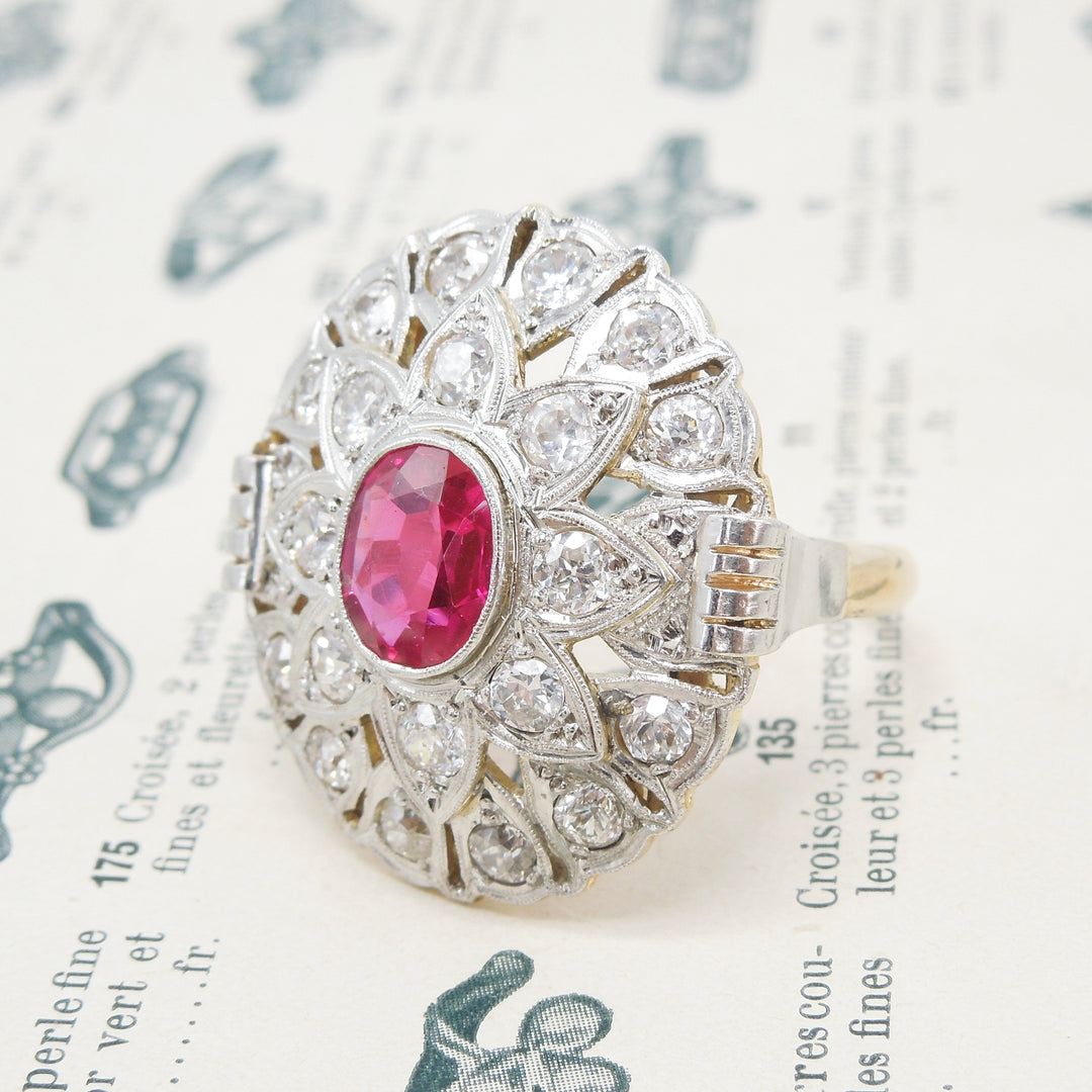 Antique Art Deco Diamond and Ruby Cocktail Ring in Platinum and Yellow Gold