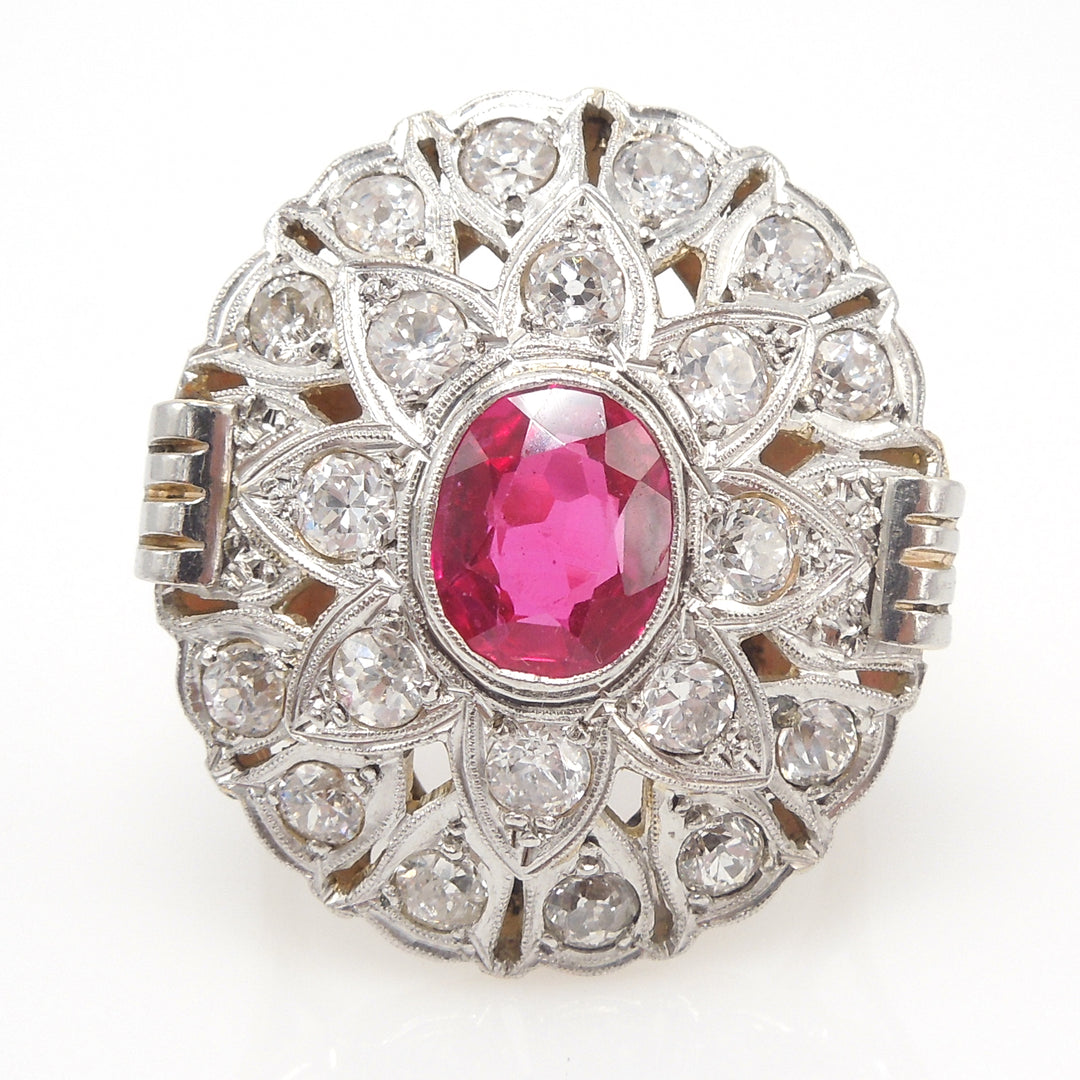 Antique Art Deco Diamond and Ruby Cocktail Ring in Platinum and Yellow ...
