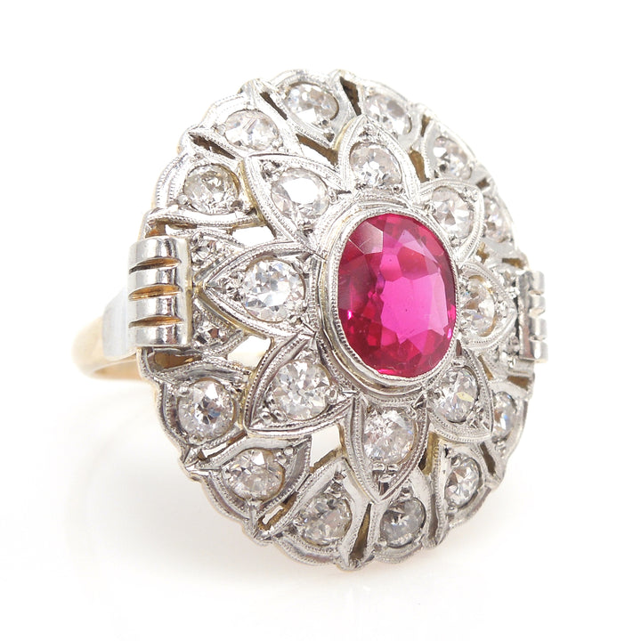 Antique Art Deco Diamond and Ruby Cocktail Ring in Platinum and Yellow Gold