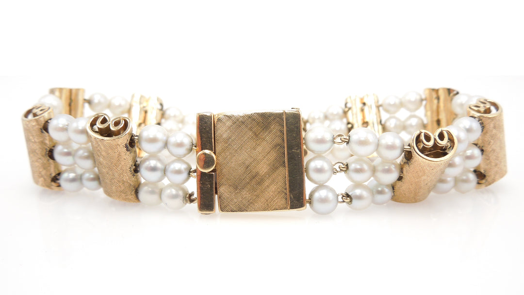 Lucien Piccard Designer Vintage White Pearl and Brushed Gold Bracelet