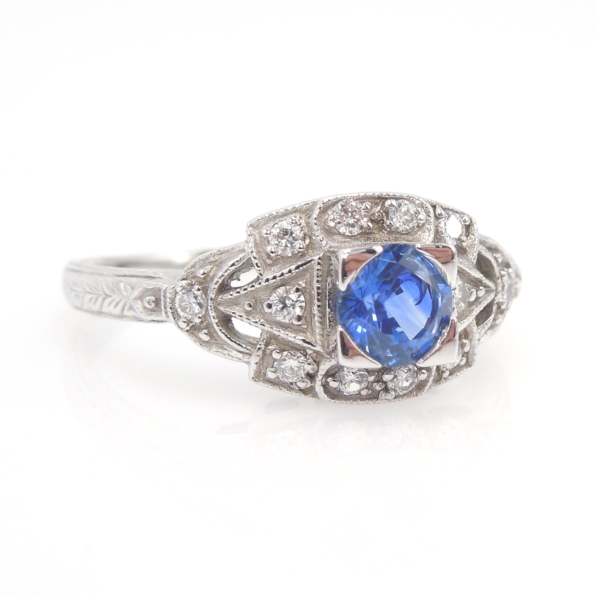 Beautiful Half Carat Ceylon Sapphire in 14K White Gold Art Deco Style Mounting