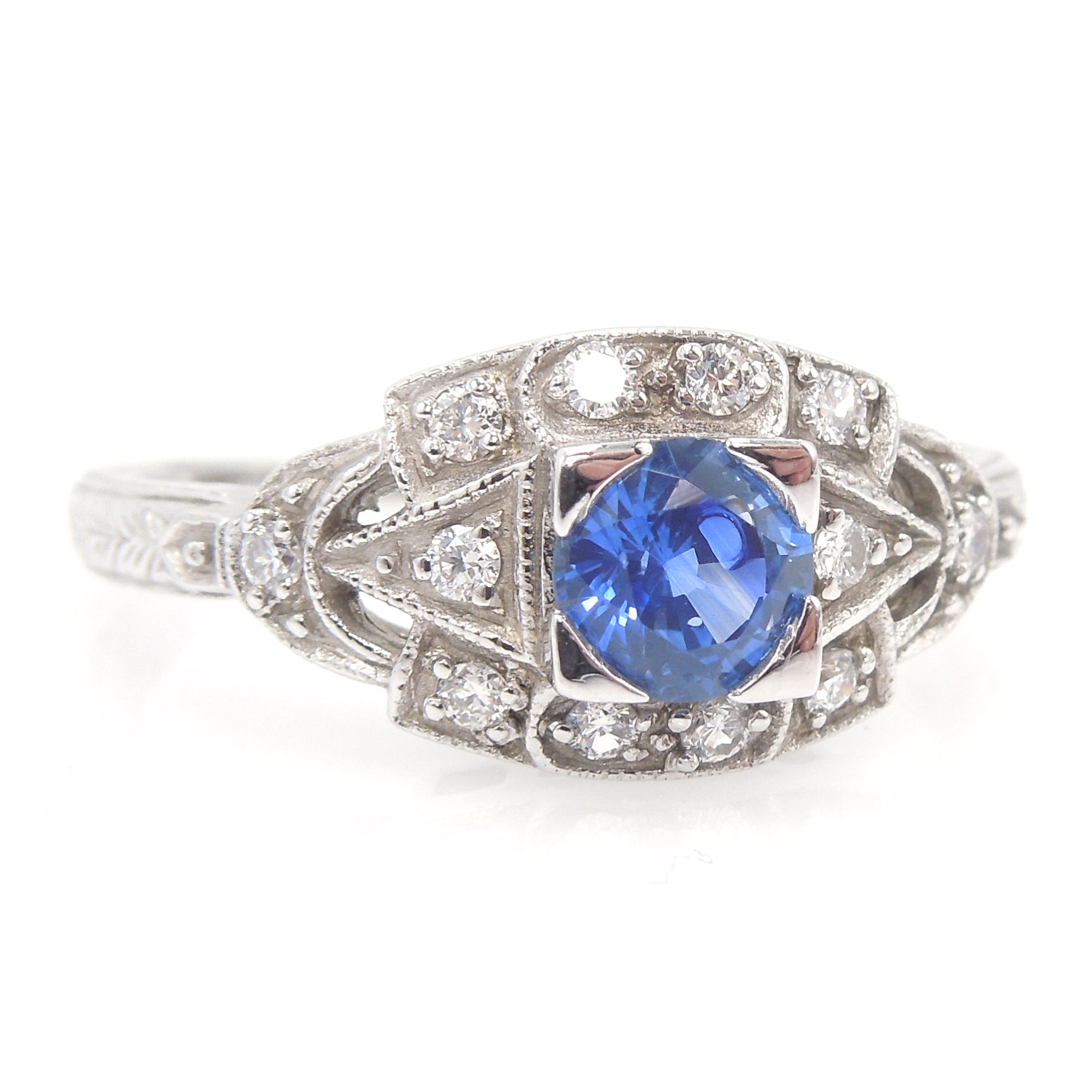 Beautiful Half Carat Ceylon Sapphire in 14K White Gold Art Deco Style Mounting