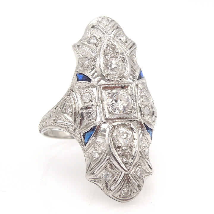Art Deco Diamond and Sapphire Platinum Navette Ring