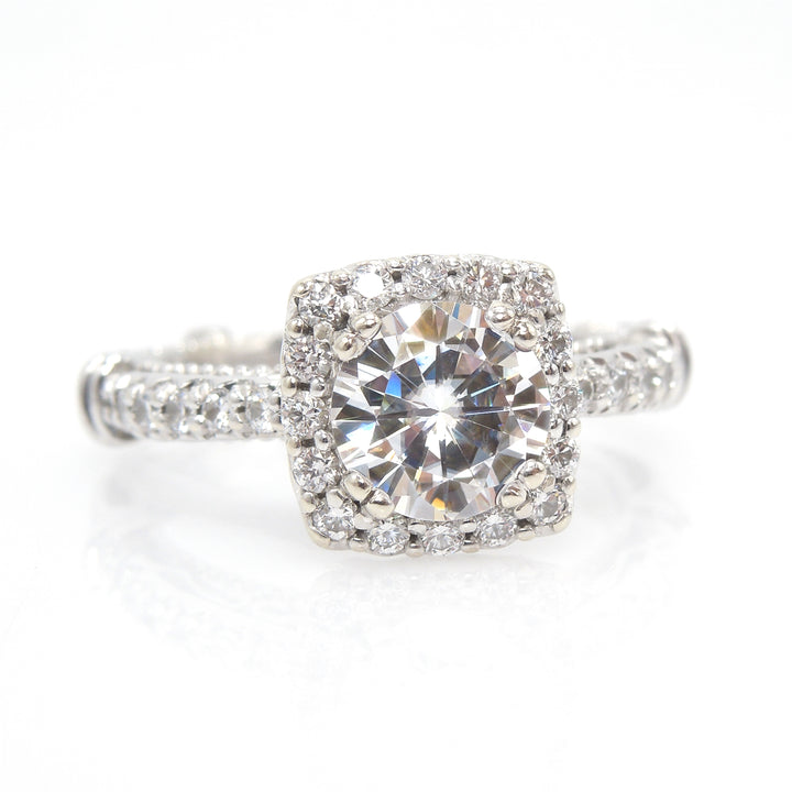 1 carat Forever One Moissanite with Square Halo in Milgrained Verragio Mounting