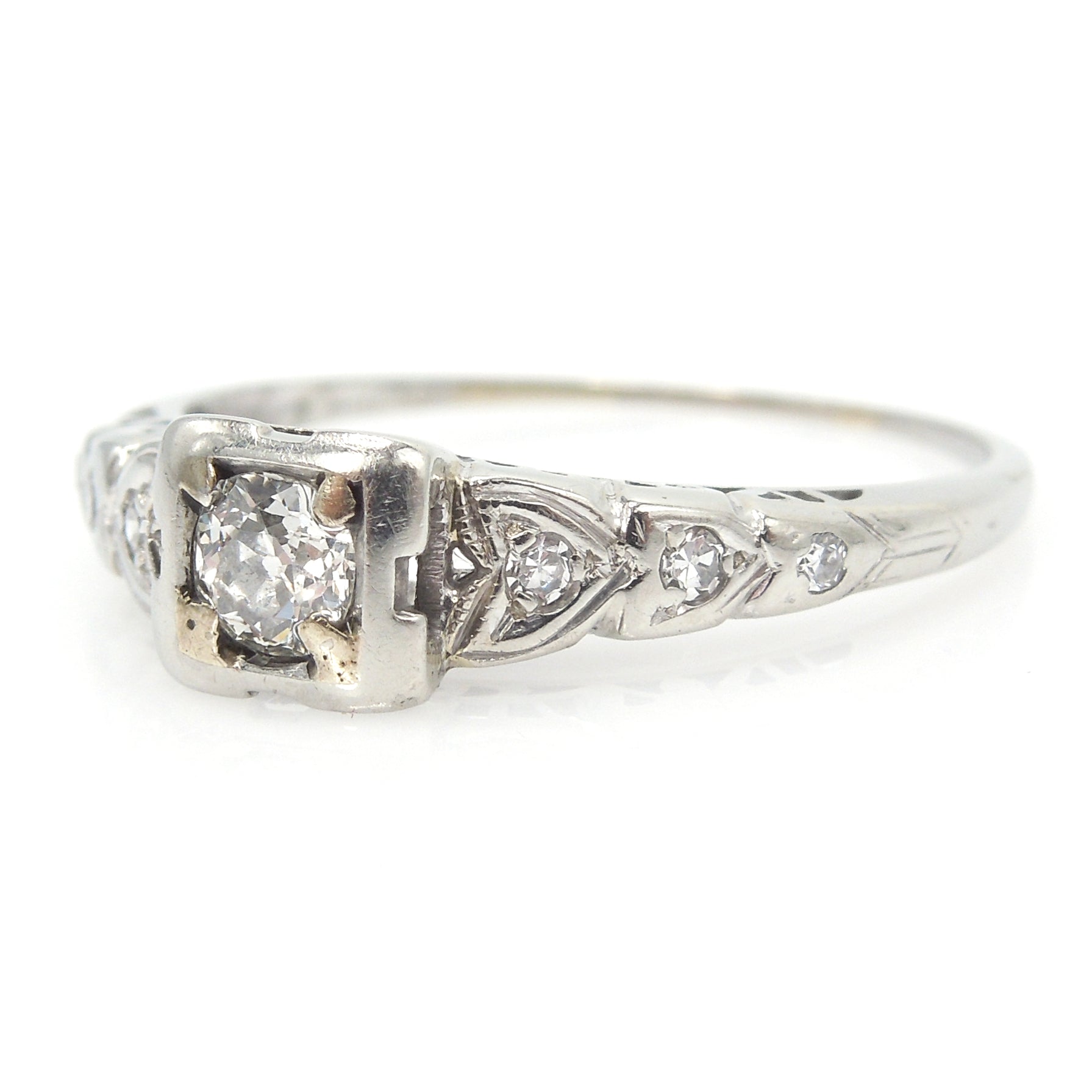 Petite White Gold Old European Cut Art Deco Diamond Engagement Ring
