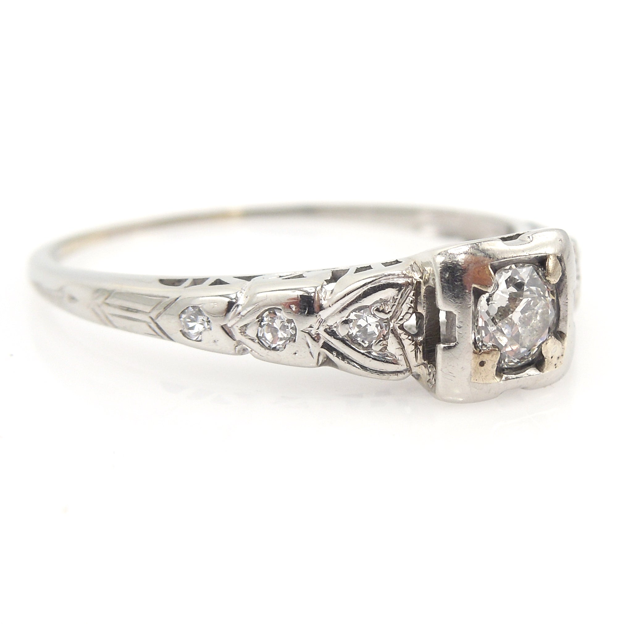 Petite White Gold Old European Cut Art Deco Diamond Engagement Ring