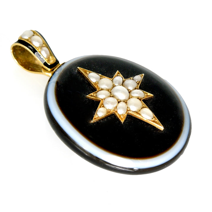 Solid Banded Agate, Pearl, and 18K Yellow Gold Victorian Star Mourning Locket