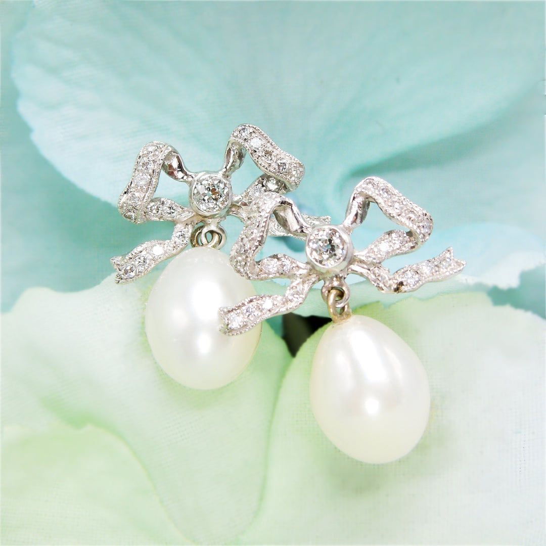 Old European Cut Diamond and Pearl Bow Earrings in Platinum