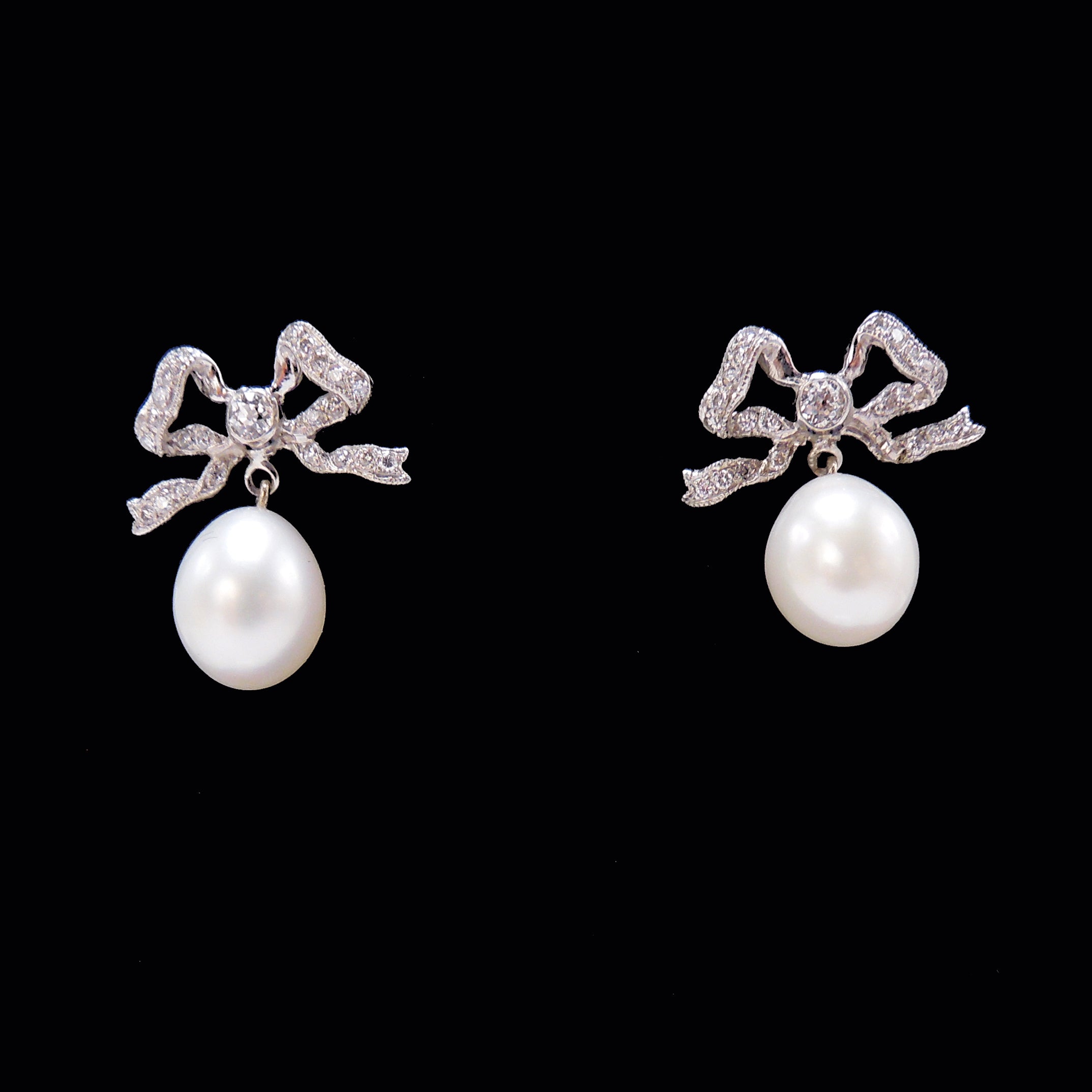 Old European Cut Diamond and Pearl Bow Earrings in Platinum