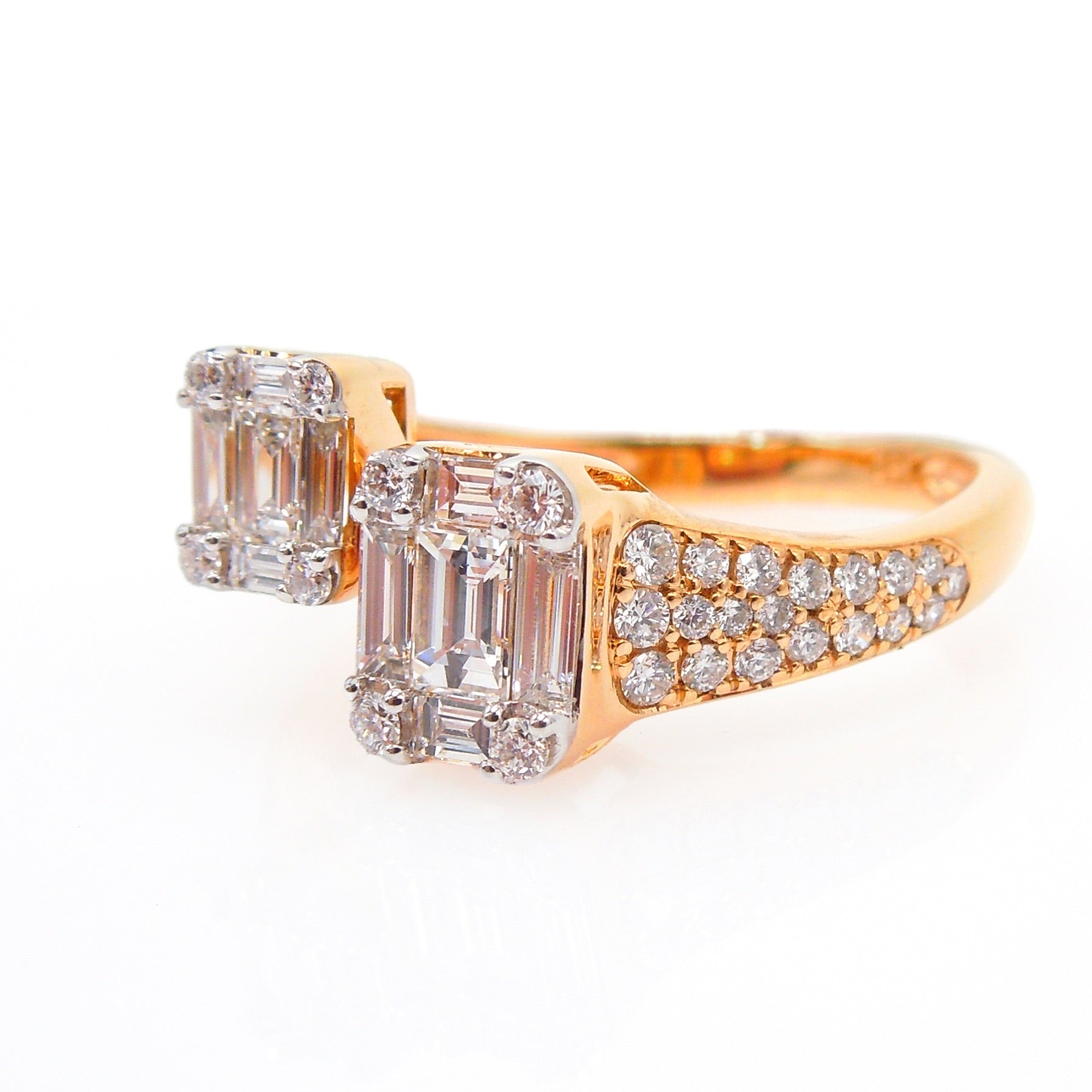 18K Rose Gold and Pie Cut Diamond Bypass Ring with Emerald Cut Baguette Cluster