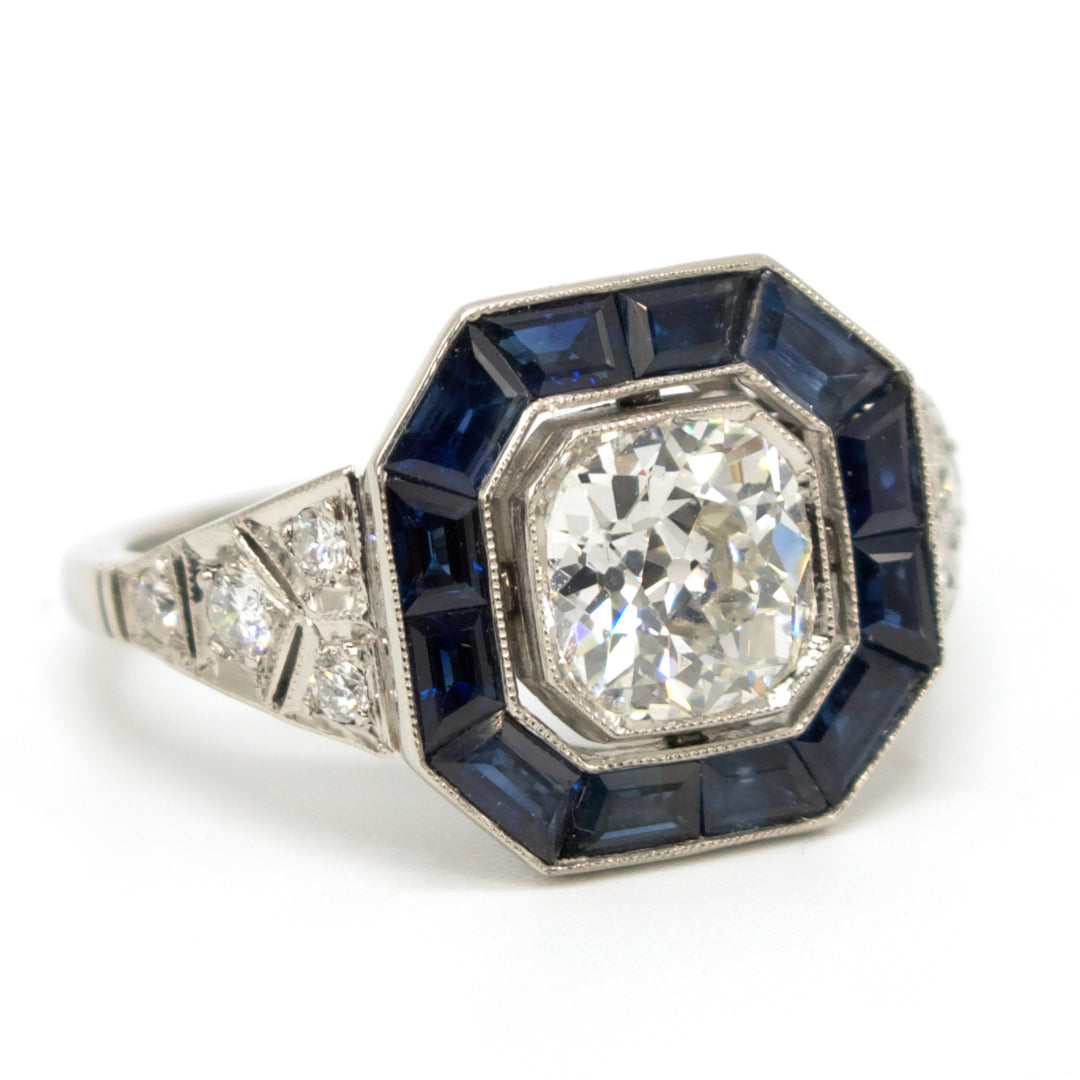 Art Deco Cushion Carat Old Mine Cut Diamond Ring with Calibre