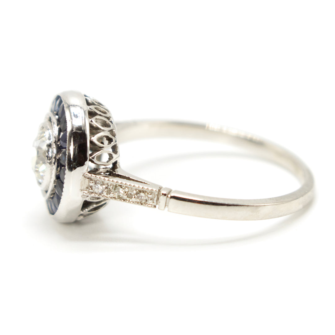 Platinum Art Deco 0.52ct European Cut Diamond and Sapphire Target Engagement Ring
