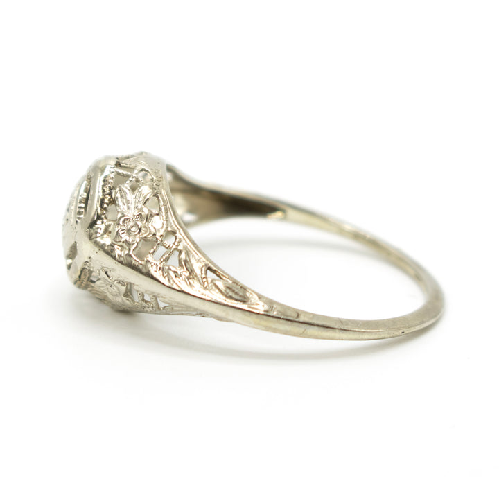 Charming Art Deco Filigree and Diamond Ring in White Gold