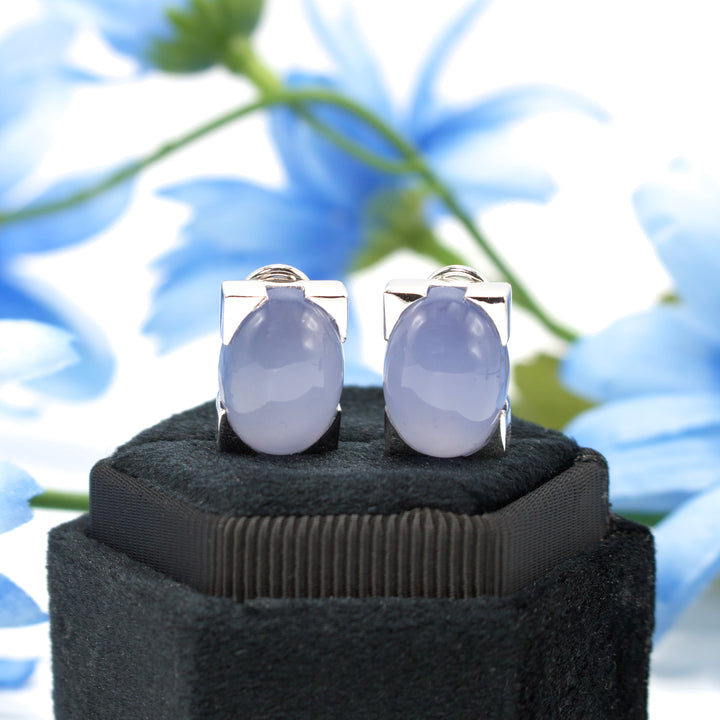 Oval Cabochon Chalcedony Bar Earrings in 14K White Gold