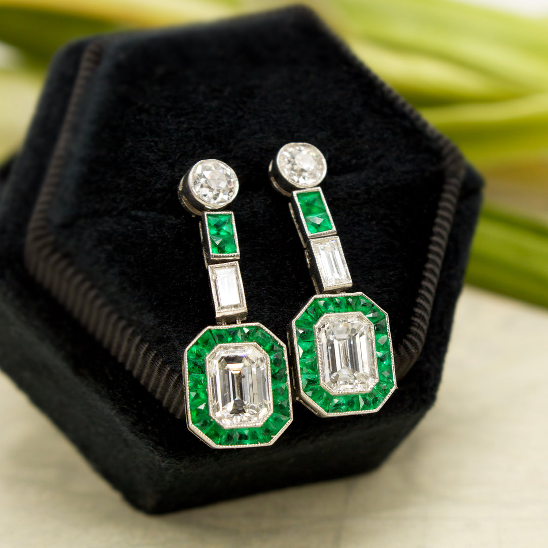 Bezel Set Emerald Cut Diamond, Emerald, and European Cut Diamond Art Deco Drop Earrings