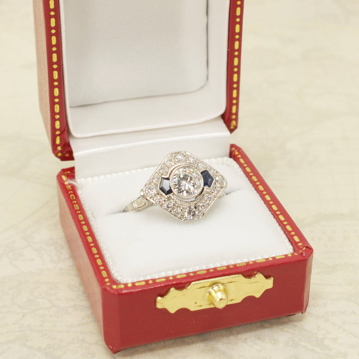 Art Deco Half Carat Diamond Engagement Ring with Pentagonal Cut Sapphire Accents in Platinum