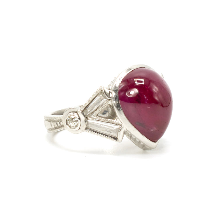 Cabochon Pear Shaped Ruby and Baguette Diamond and Platinum Ring