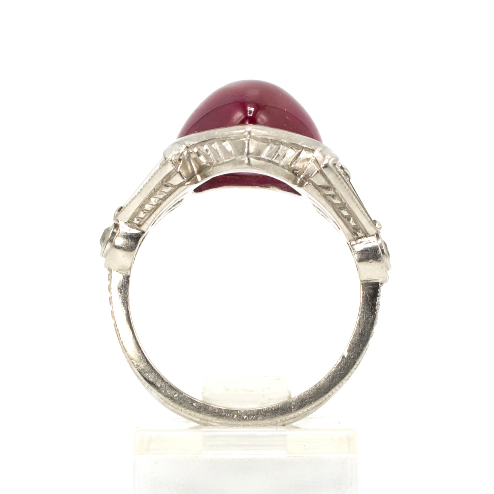 Cabochon Pear Shaped Ruby and Baguette Diamond and Platinum Ring