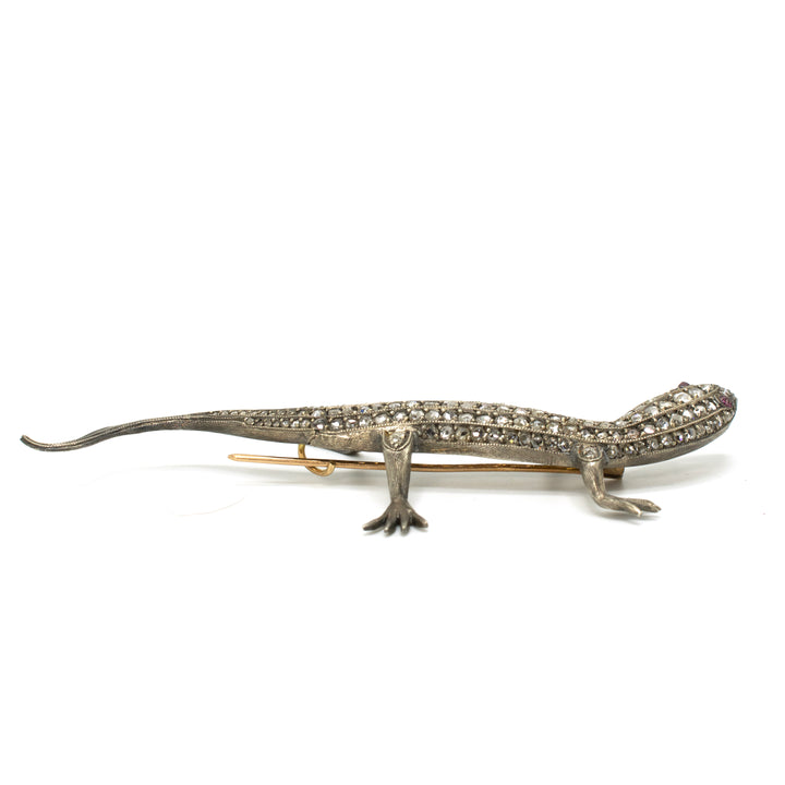Sterling Silver and Rose Cut Diamond Gecko Pin Brooch