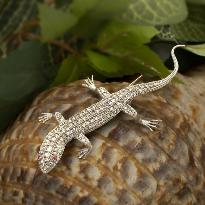 Sterling Silver and Rose Cut Diamond Gecko Pin Brooch