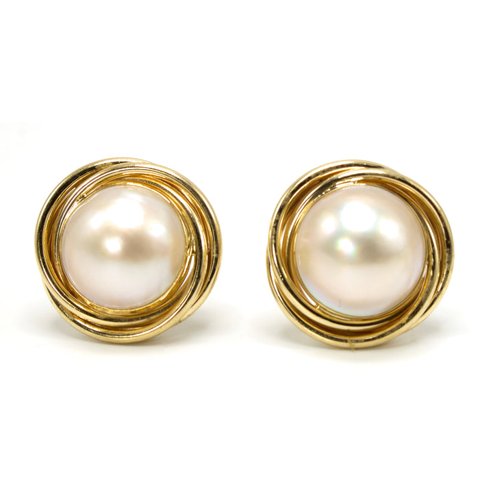 Peter Brams Designer Mabe Pearl and Yellow Gold Omega Back Stud Earrings