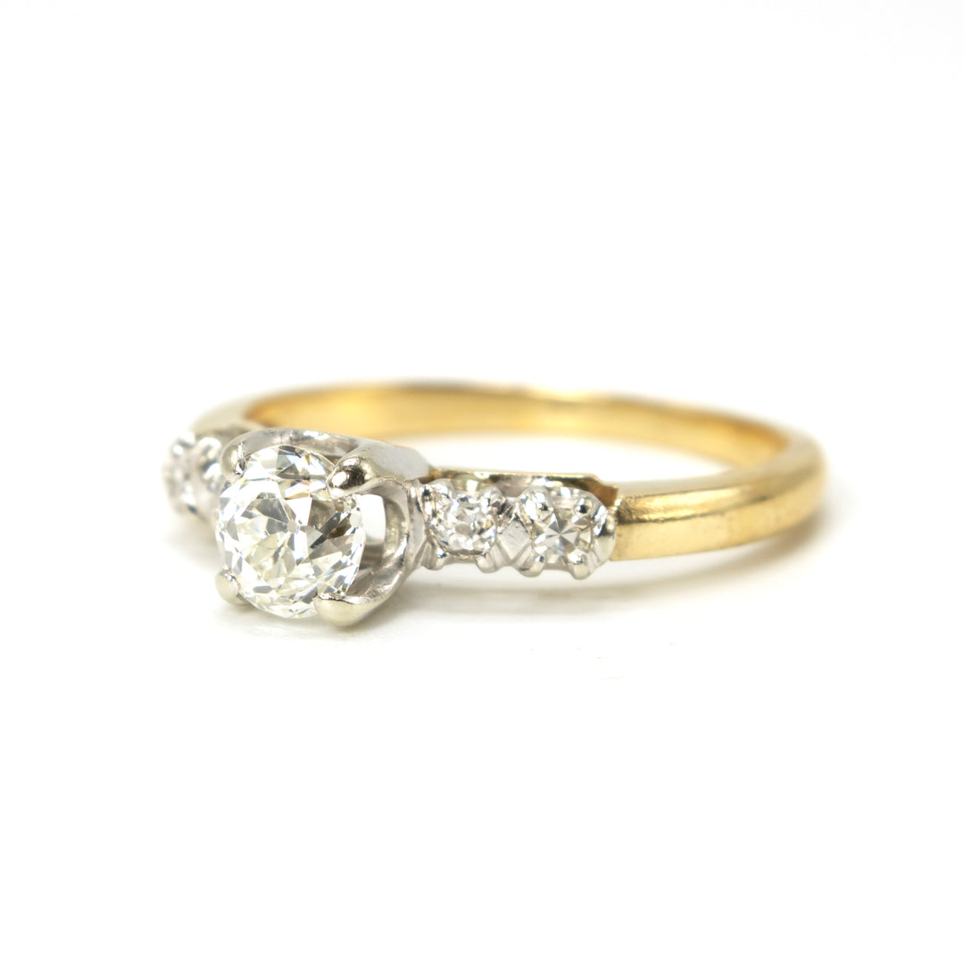 Three Quarter Carat Old Mine Cut Diamond in Vintage Yellow Gold and Platinum Ring