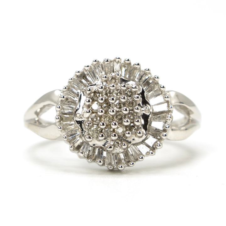 White Gold Cluster Ring with Round and Baguette Diamonds