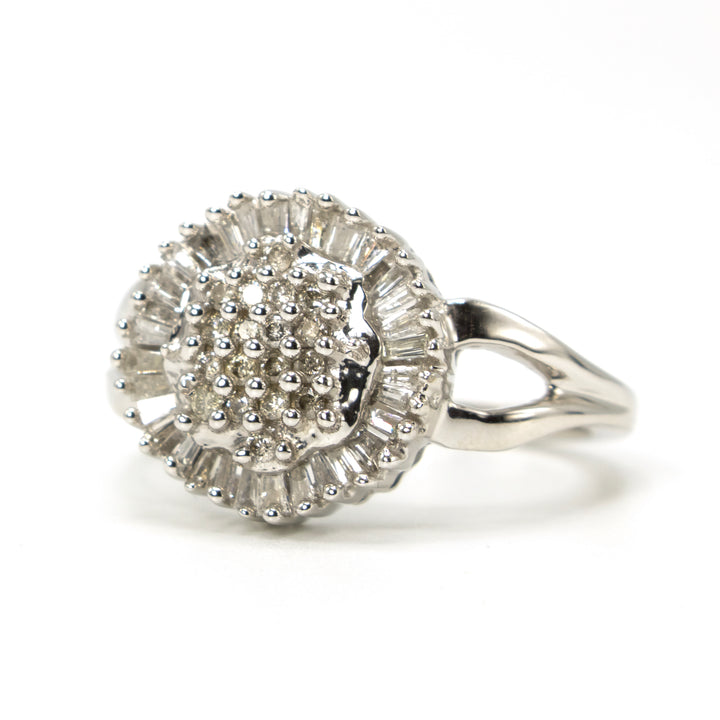White Gold Cluster Ring with Round and Baguette Diamonds