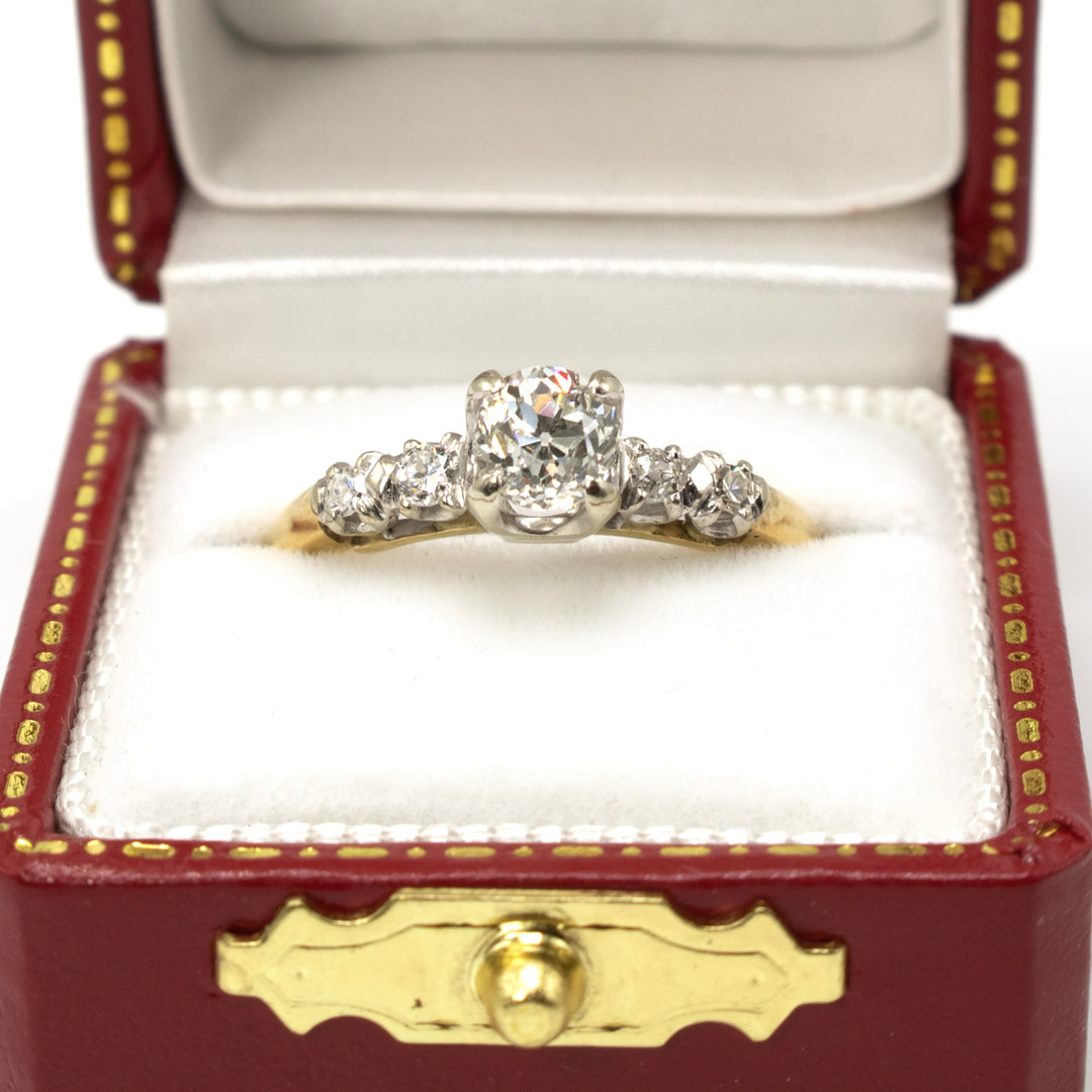 Three Quarter Carat Old Mine Cut Diamond in Vintage Yellow Gold and Platinum Ring
