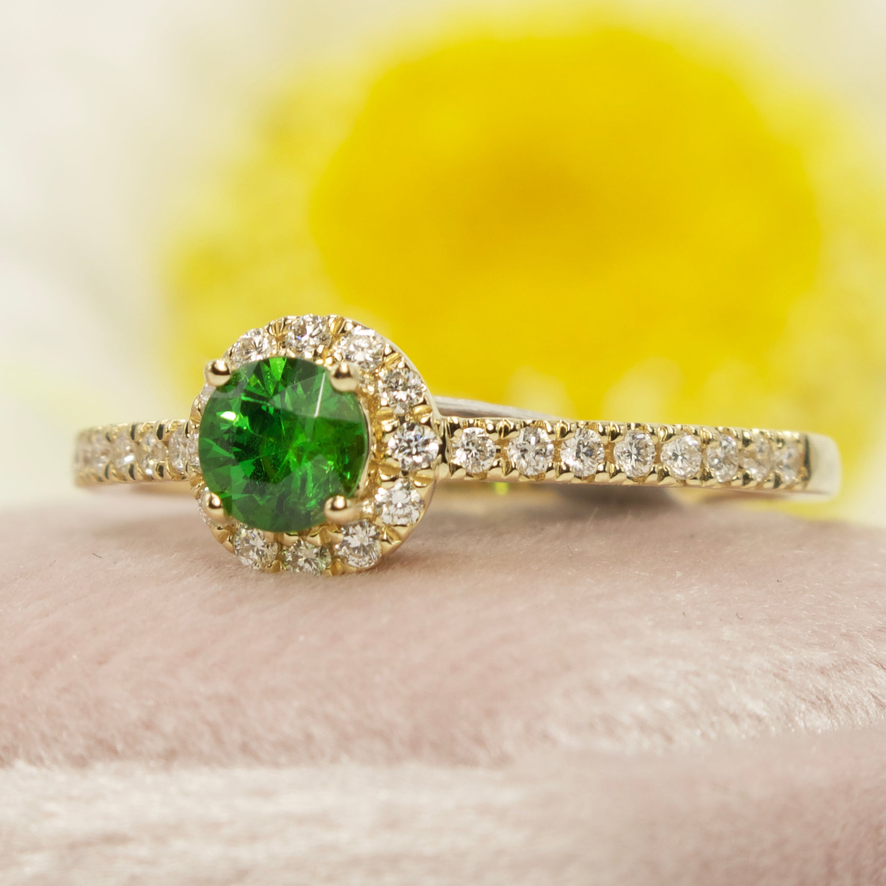 Round Green Tsavorite Garnet Engagement Ring with Diamond Halo in Yellow Gold