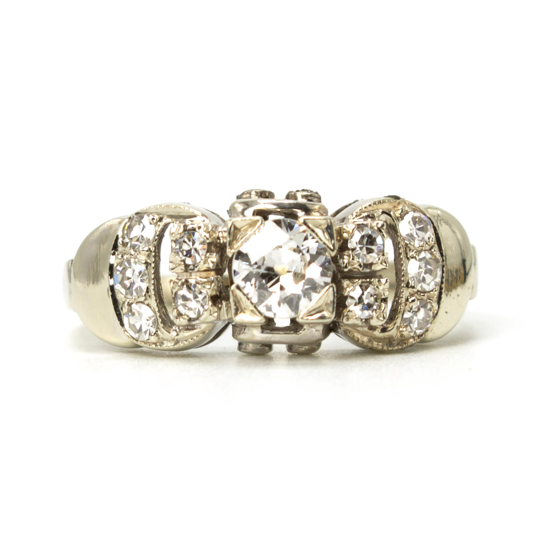 Vintage 1940s Buckle Motif Diamond Ring in 18K White Gold