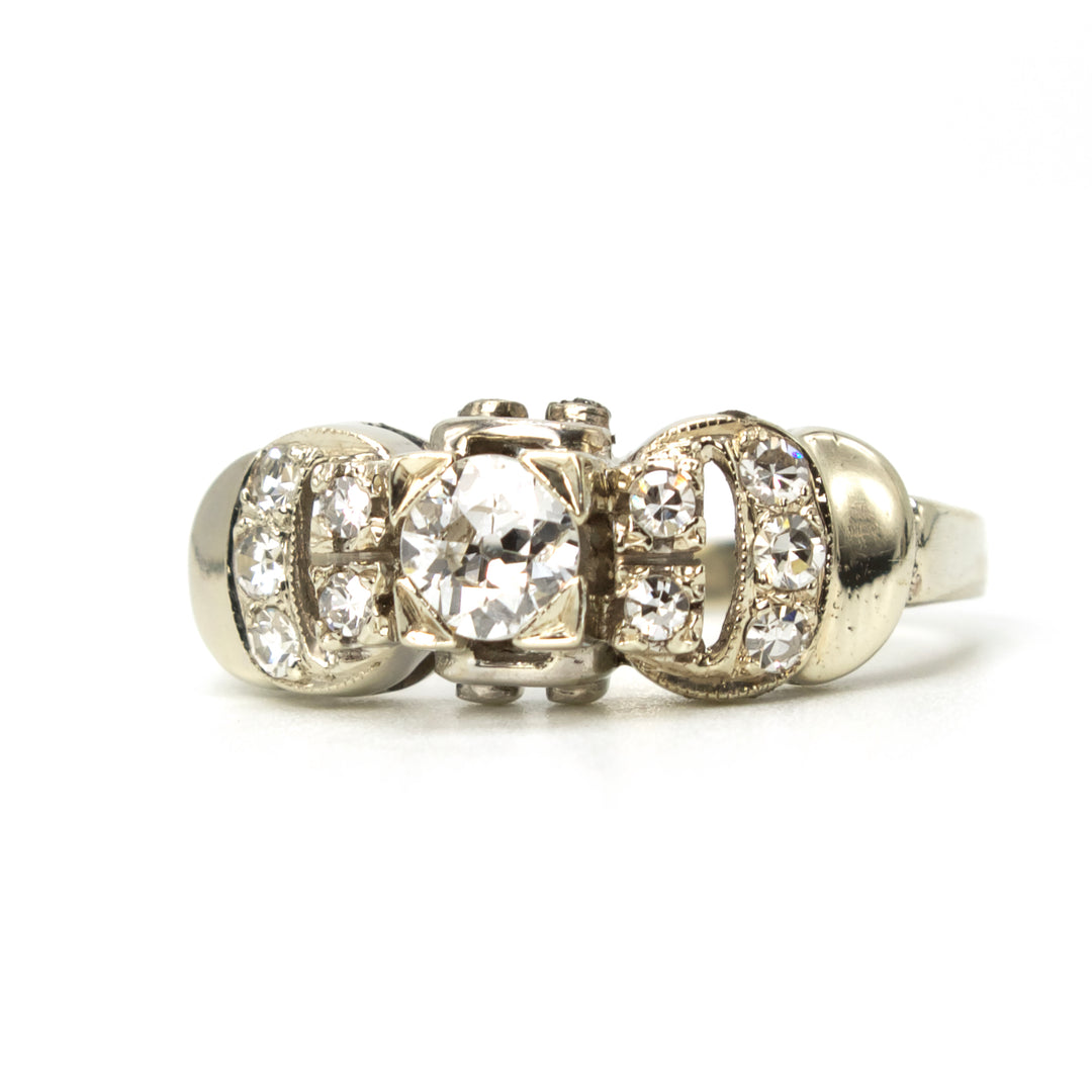 Vintage 1940s Buckle Motif Diamond Ring in 18K White Gold