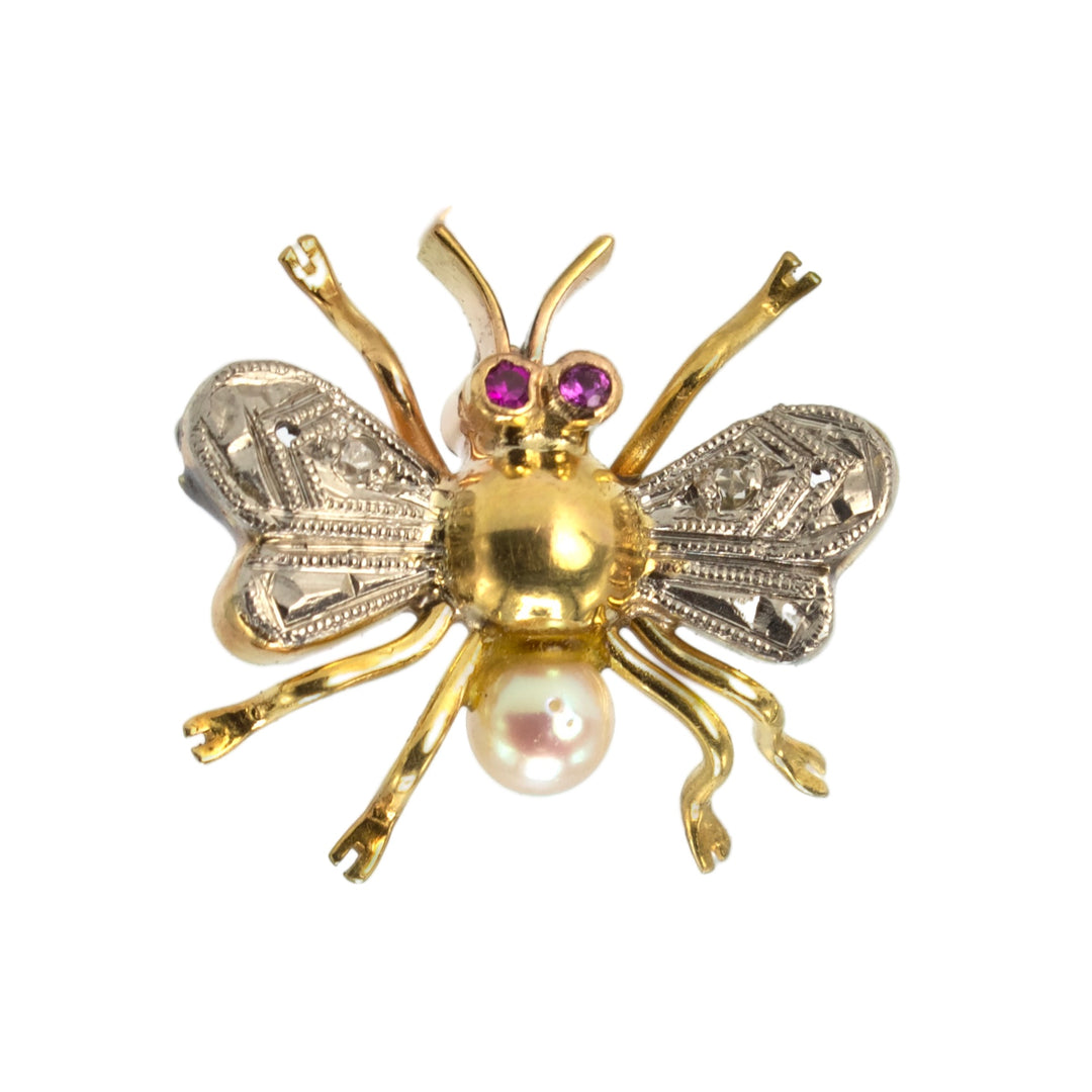 Vintage Diamond, Ruby and Pearl 18K Gold & Platinum Flying Bug Pendant