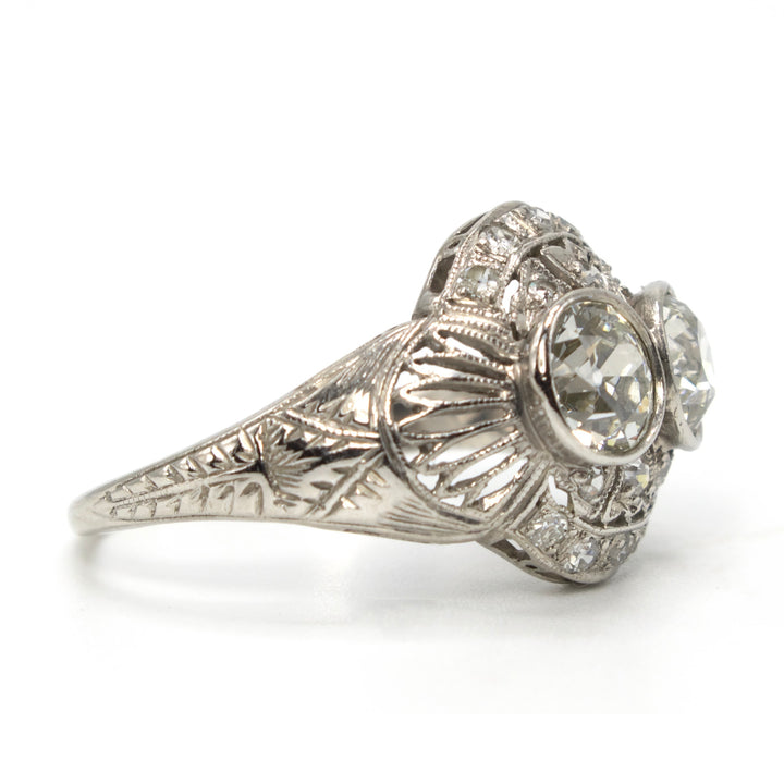 Art Deco Filigree and Old European Cut Diamond Toi-et-Moi Two Stone Ring