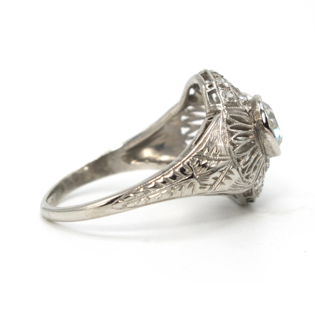 Art Deco Filigree and Old European Cut Diamond Toi-et-Moi Two Stone Ring