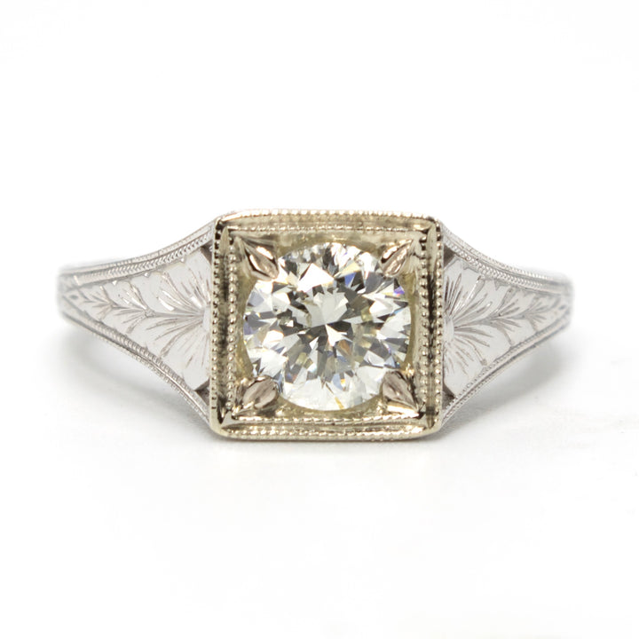 White Gold Art Deco Style Solitaire Ring with 0.95 carat Bright Set Diamond