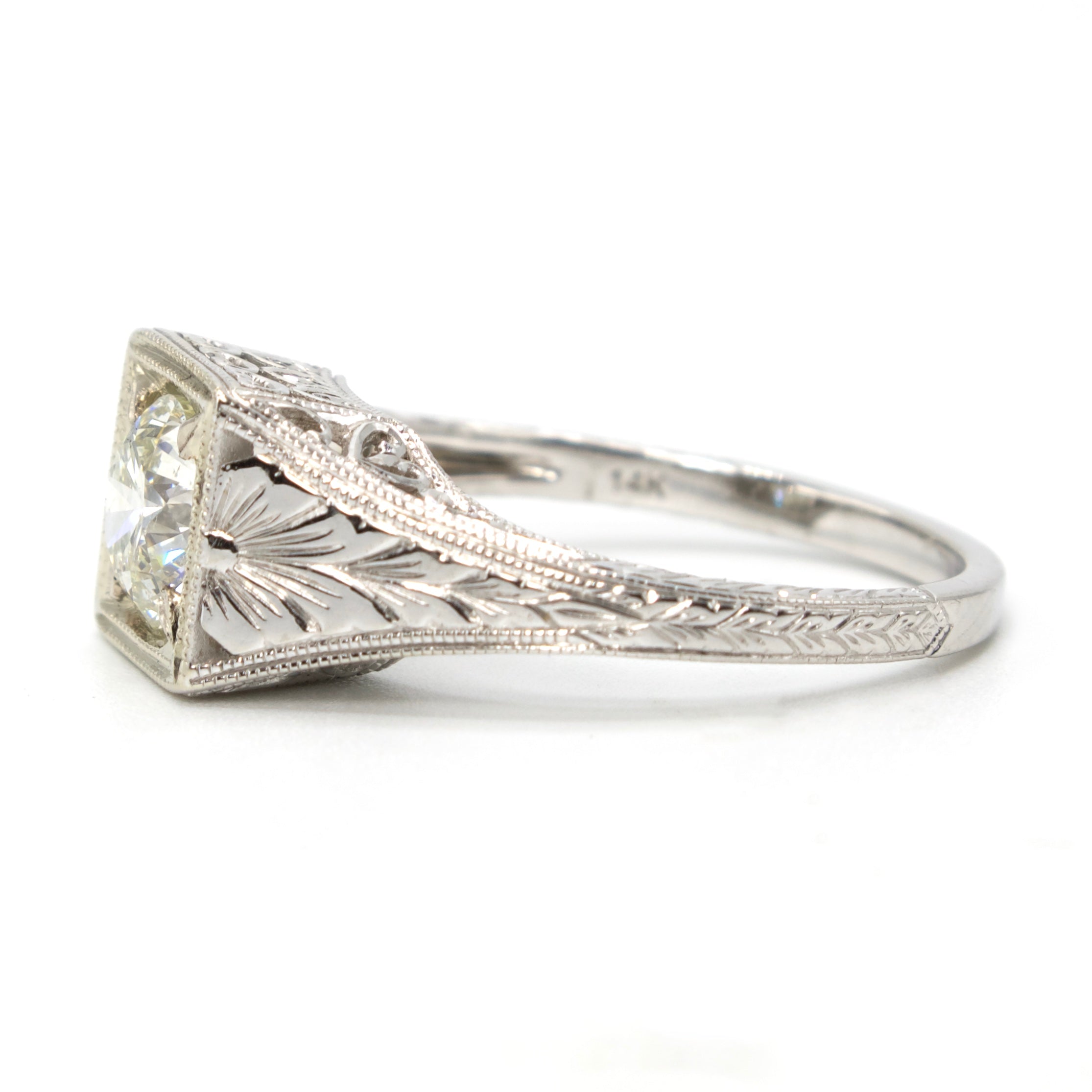 White Gold Art Deco Style Solitaire Ring with 0.95 carat Bright Set Diamond