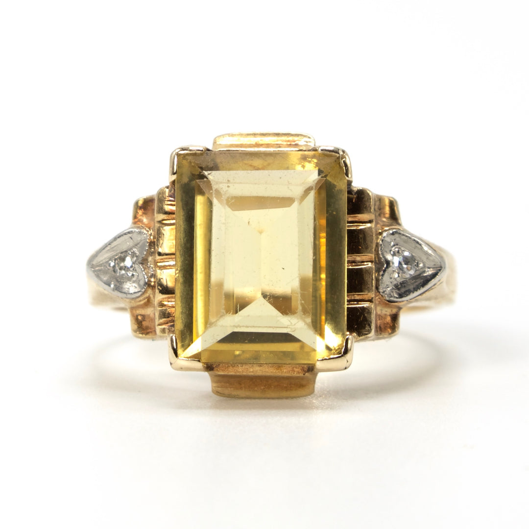 Vintage Emerald Cut Citrine in Bicolor Gold Mounting with Diamonds