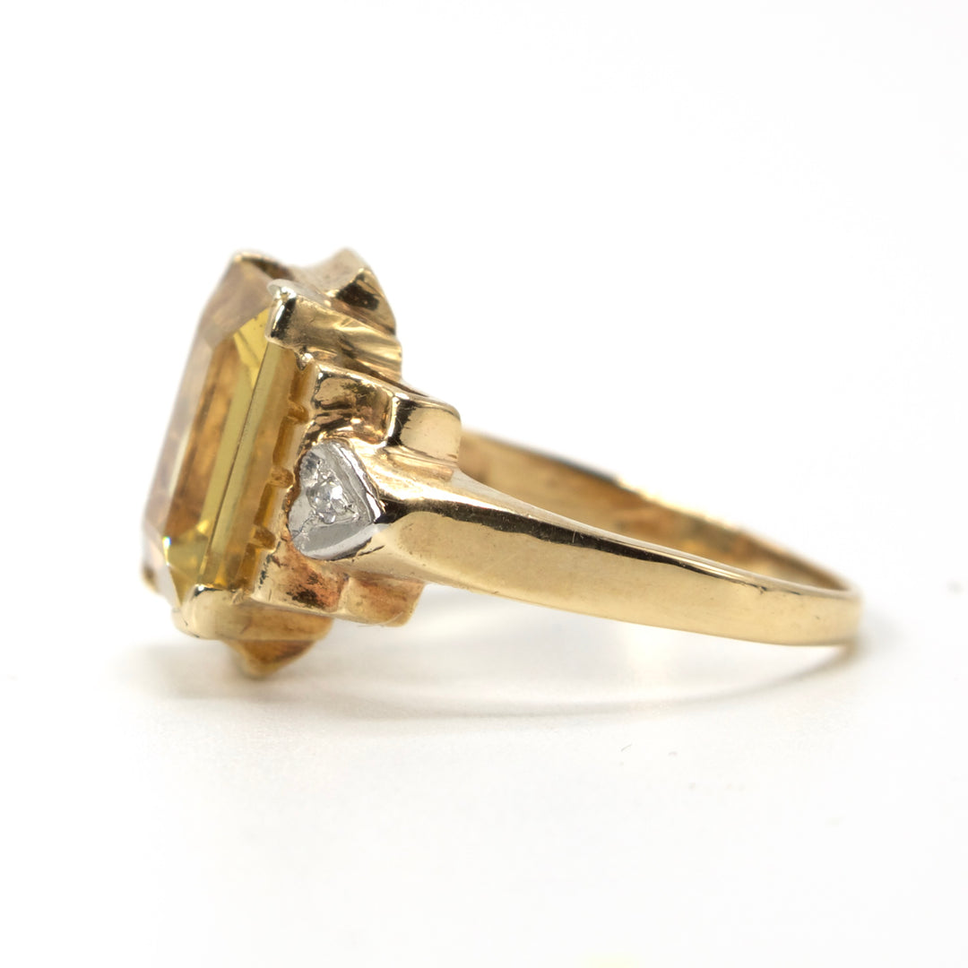 Vintage Emerald Cut Citrine in Bicolor Gold Mounting with Diamonds