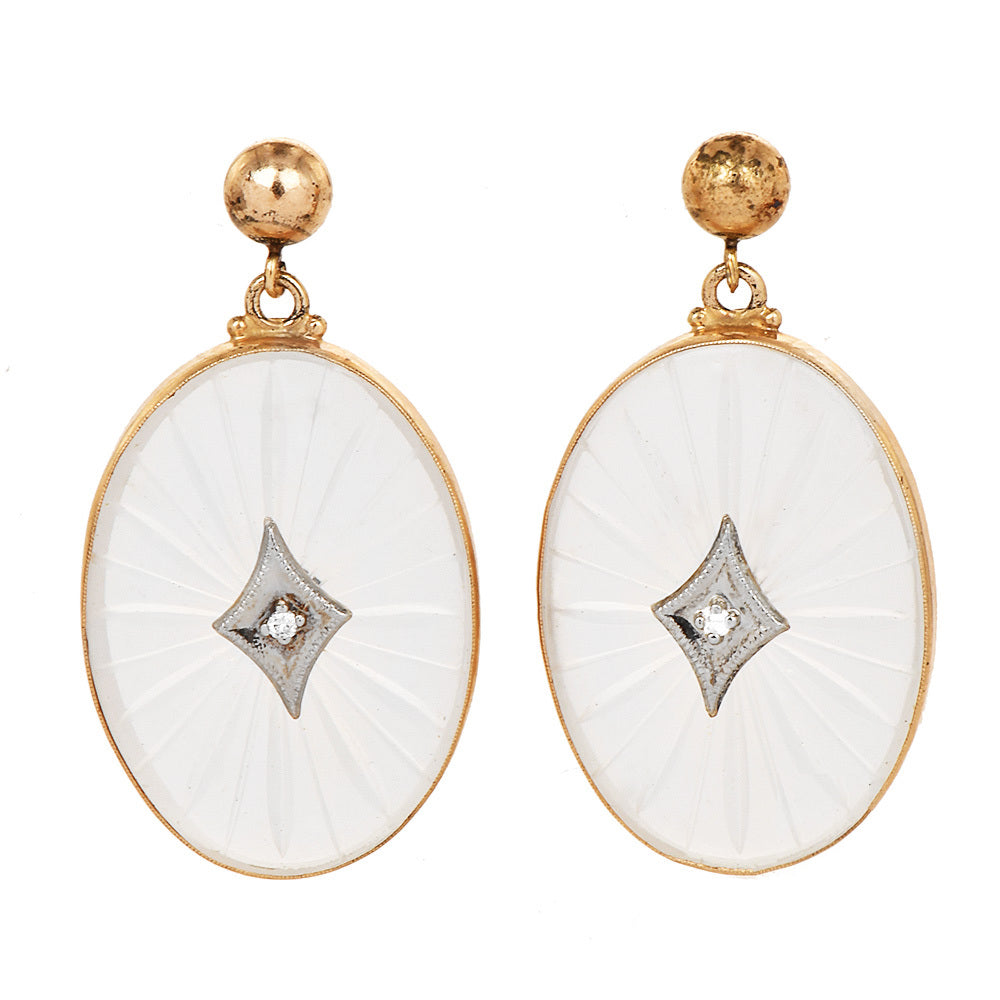 Vintage Rock Crystal and Diamond Earrings in Gold, Made in the Style of Camphor Glass