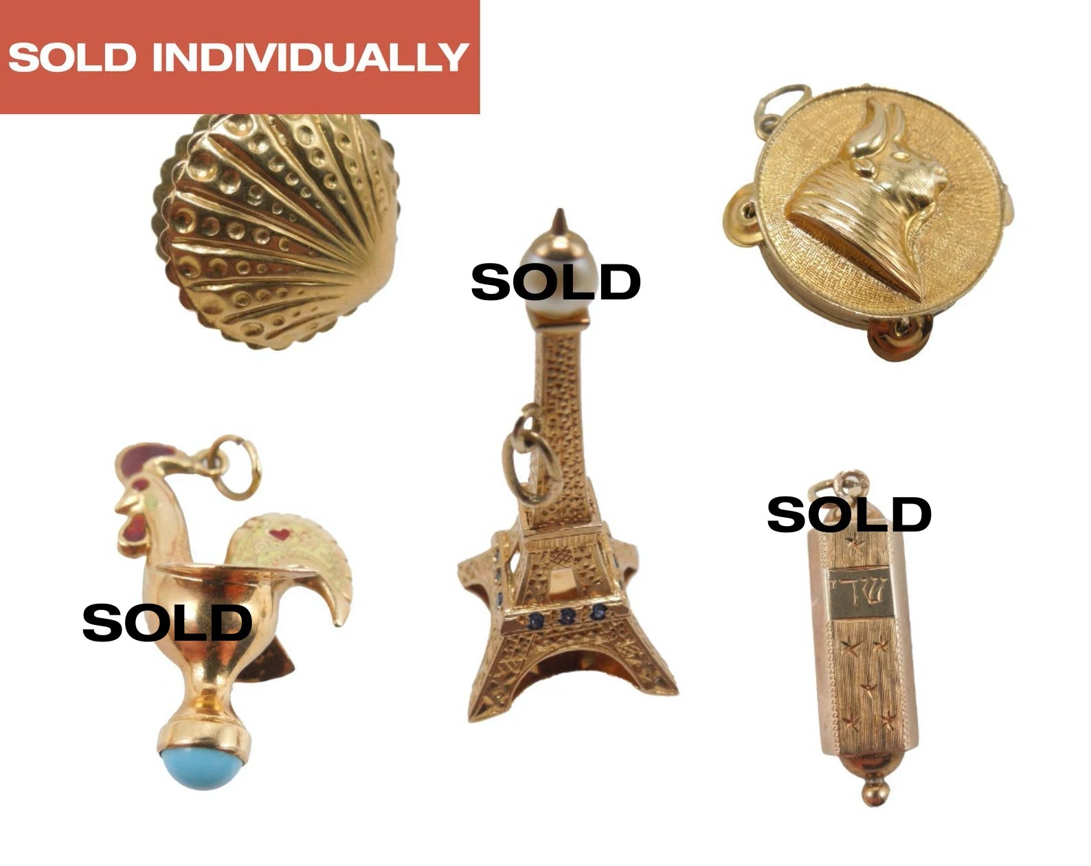 Lot of 5 14K Gold Charms for Charm Bracelet - Eiffel Tower, Mezuzah, Rooster, Tamborine, Oyster with Pearl