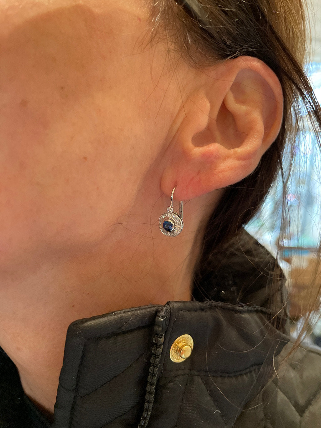 Art Deco Style Diamond and Sapphire Lever Back Drop Earrings