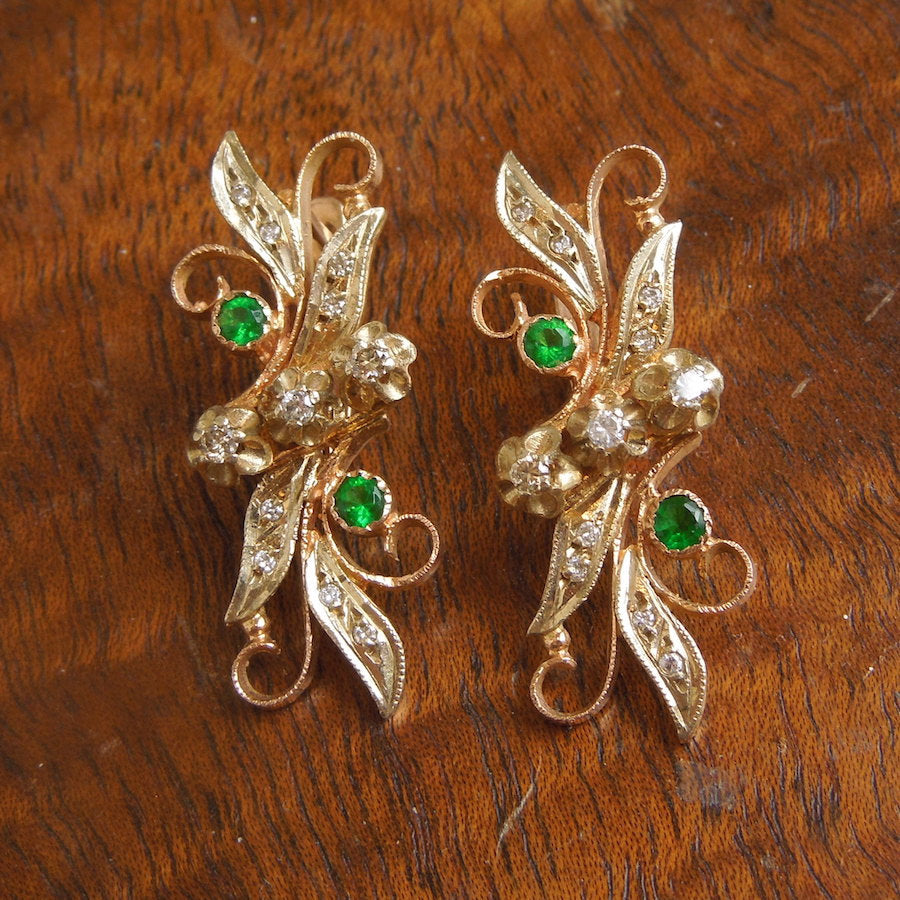 Victorian Floral Gold, Diamond, and Sterling Silver Green Glass Earrings