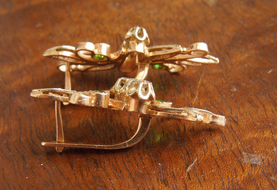 Victorian Floral Gold, Diamond, and Sterling Silver Green Glass Earrings