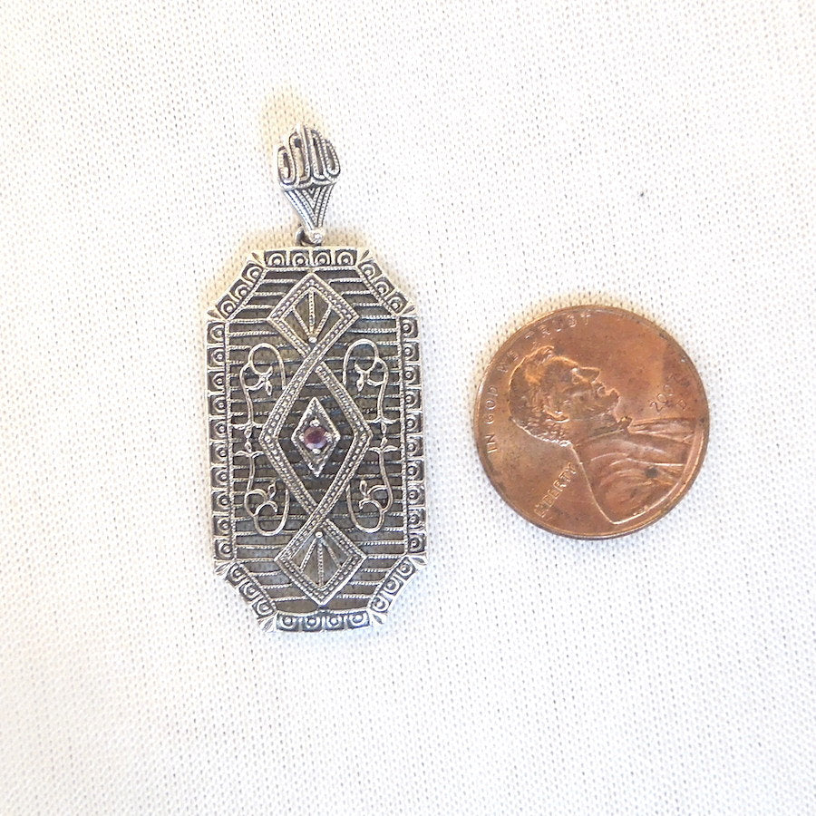 Sterling Silver Edwardian Style Filigree Ruby or Emerald Pendant