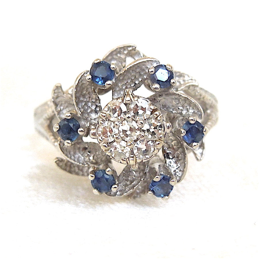 Vintage White Gold Diamond and Sapphire Cluster Ring