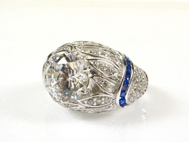Art Deco Style White Topaz and Sapphire in Sterling Silver Ring
